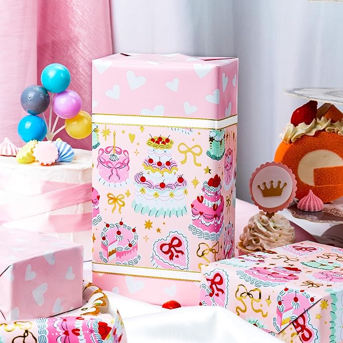 Homeral Birthday Cake Wrapping Paper Roll - Pink Cakes with Gold Metallic Foil & Heart Pattern, Reversible Gift Wrap for 1st Birthday, BABY Shower, Party - Mini Roll - 17 Inch x 33 Feet