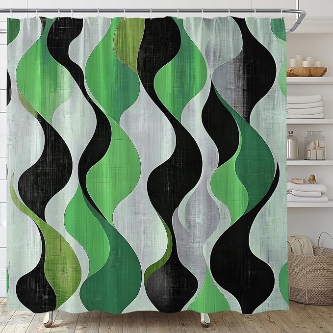 Mid Century Shower Curtain Boho Minimalist Modern Abstract Aesthetic Geometric Striped Atomic Retro Earthy Fabric Bathroom Decor Set with Hooks(59" Wx70 H)