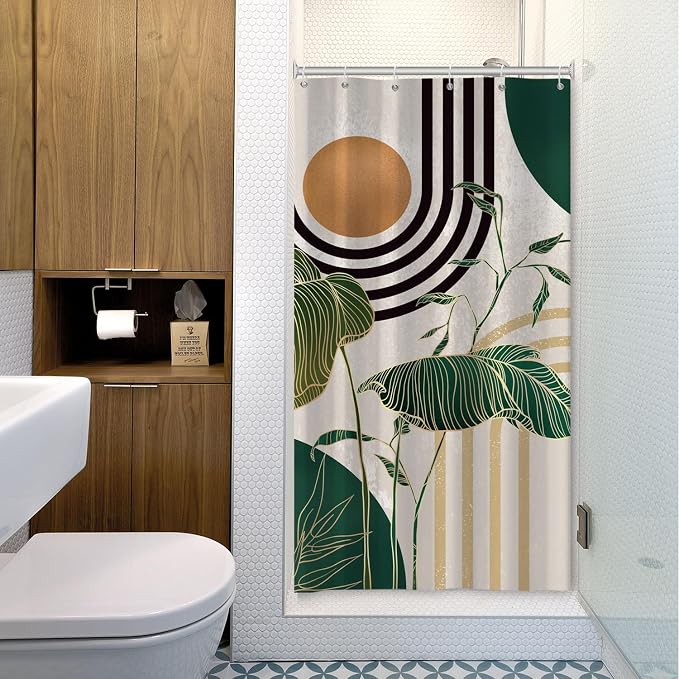 Boho Green Geometric Shower Curtain Bohemian Abstract Mid Century Tropical Bathroom Curtain Minimalist Modern Palm Leaf Shower Curtain Sets for Bathroom Extra Long 54x72 in with 10 Hooks