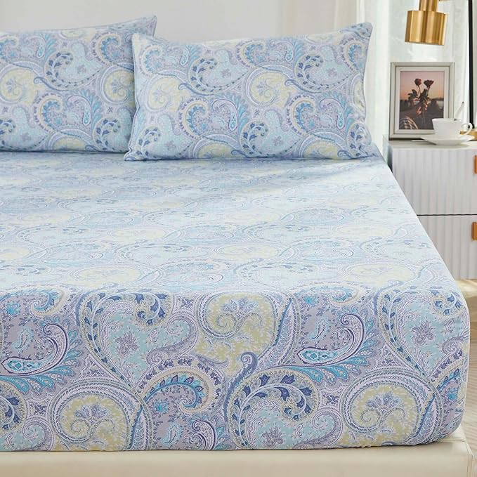 Brandream Paisley Queen Size Sheet Set Luxury Floral Boho Bohemian Medallio Bedding Collections 800 Thread Count 100% Egyptian Cotton Deep Pocket, 4 Piece, Blue