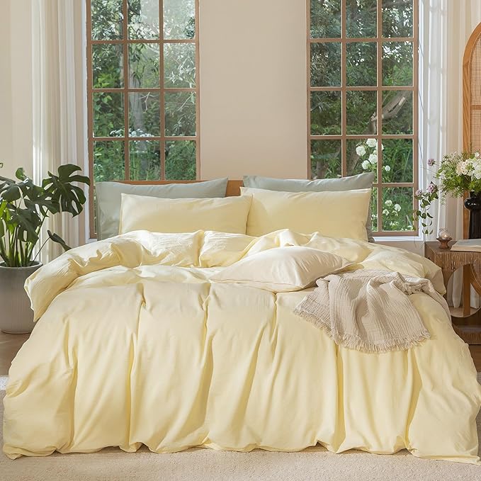 MooMee Bedding Duvet Cover Set 100% Washed Cotton Linen Like Textured Breathable Durable Soft Comfy (Heathered Butter Yellow, Palatial King/Oversized King 120"x98")