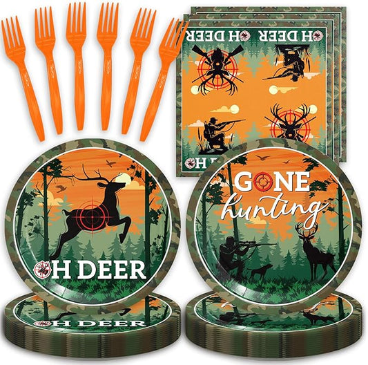 48Pcs Hunting Birthday Party Decorations Tableware Set Include Plates Napkins Forks Hunting Decor for 16 Guests