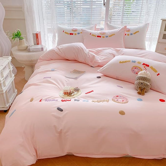 MorroMorn Cotton Duvet Cover Queen Size, 3D Embroidery Queen Bedding Sets, Cute Chenille Embroidered Comforter Covers Soft Breathable Sweat-Absorbent for Girls Kids Teen (Donut Pink, Full/Queen)