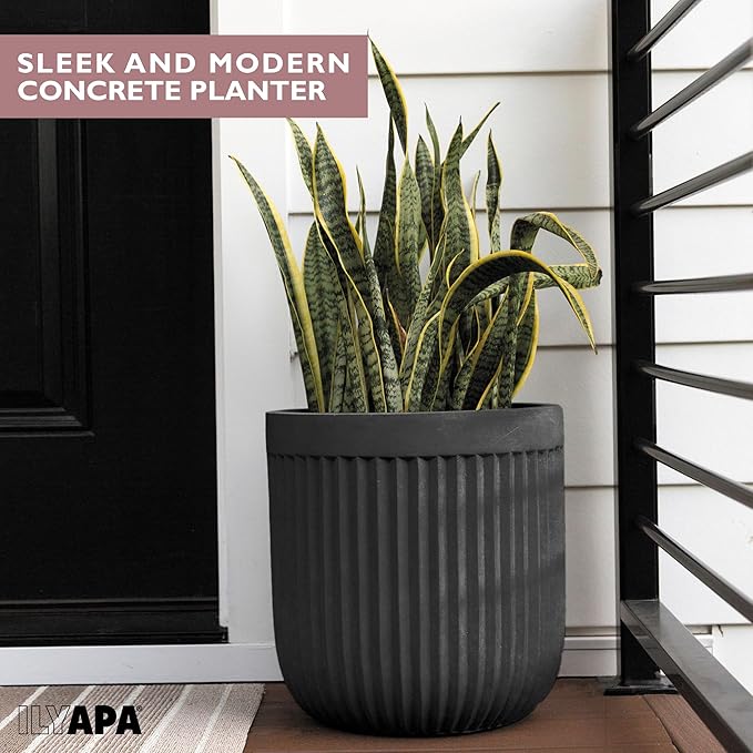 Ilyapa 14 Inch Large Fluted Modern Concrete Planter - 14x14 Inch Indoor Plant Pots with Drainage - Large Black Planters for Indoor/Outdoor Use