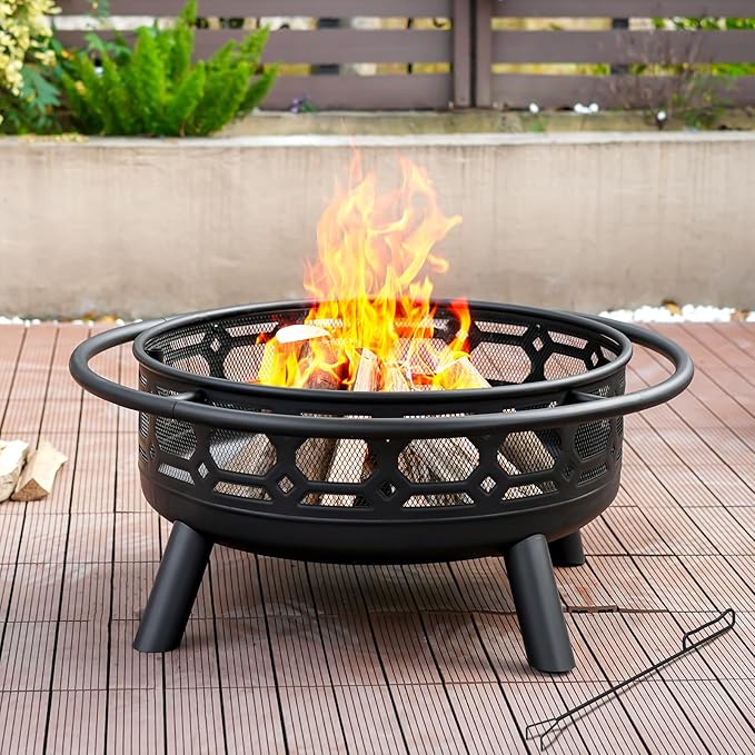 Florise 36 Inch Fire Pit, Outdoor Wood Burning Firepit with Removable Grill & Poker, Heavy Duty Metal Round Fireplace,2 in 1 Large Bonfire for Outside,BBQ,Yard,Patio