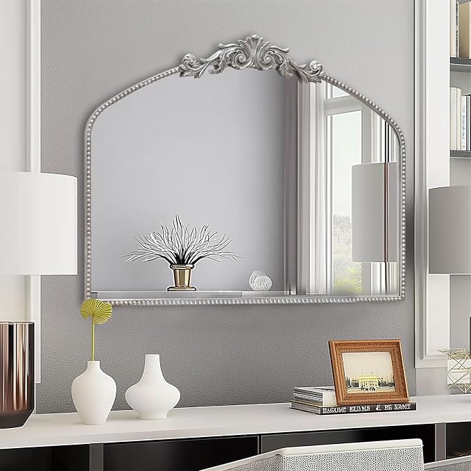 Antique Silver Arch Wall Mirror, 40"x30" Vintage Mantel Mirror with Ornate Metal Frame, Baroque Home Decor for Fireplace/Entryway/Bathroom/Living Room/Hallway