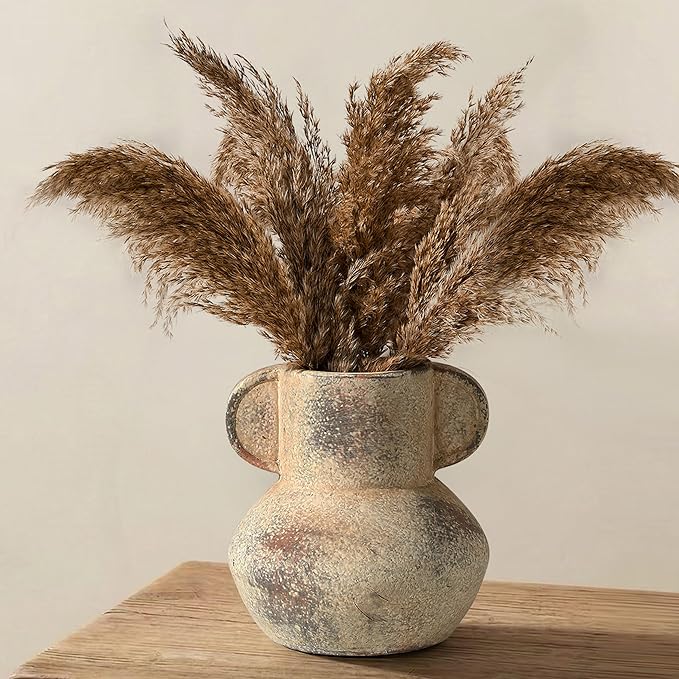 Antique Ceramic Vase with 2 Handles, 6.1 Inch Farmhouse Rustic Vase, Small Decorative Pottery Flower Vases for Home Decor, Wedding, Living Room, Table, Shelf Decor, Terra