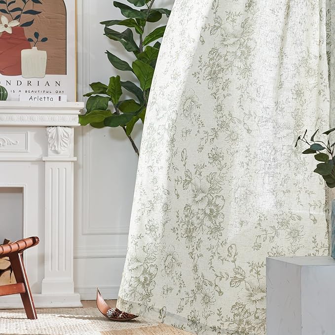 jinachan Linen Floral Curtains Extra Wide for Patio Sliding Glass Door Room Divider Curtain for Living Room Christmas Drapes 90 Inch Length Farmhouse Peony Green Printed Curtain Set 1 Panel
