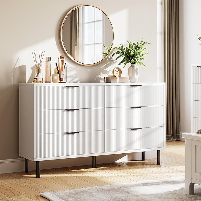 GarveeHome White Fluted 6 Drawer Dresser, Wide Wood Double Dresser with Metal Legs and Handles, Modern Chest of Drawers with Anti-Tipping Design for Bedroom Living Room, Hallway