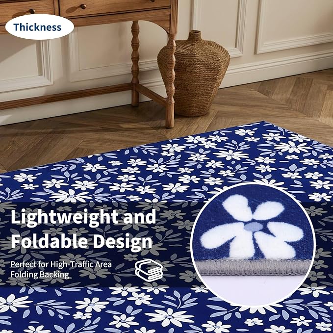 Washable 8x10 Rug Modern Floral Area Rug for Living Room Low Pile Soft Bedroom Indoor Carpet Modern Solid Large Rugs Non Slip Thin Foldable Floral Carpet Mat for Nursery Dining Room, Navy