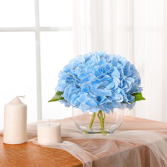 Artificial Hydrangea with Fake Water in Vase, Real Touch Faux Flowers, Silk Fake Hydrangea Flower Arrangement with Faux Water for Home Office Bathroom Wedding Table Centerpiece Decor(Blue)