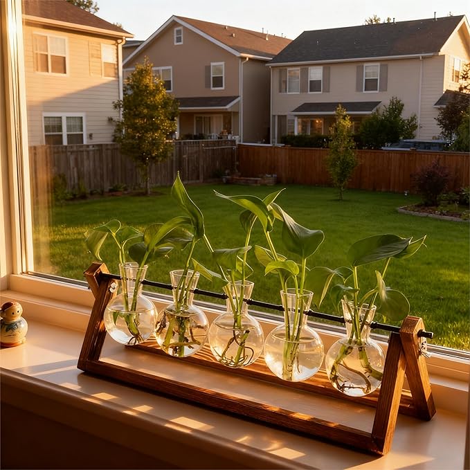 Plant Propagation Station, Propagation Vases for Plants, Unique Gardening Birthday Gifts for Women Plant Lovers Mom Best Friend - 5 Bulb Glass Vases