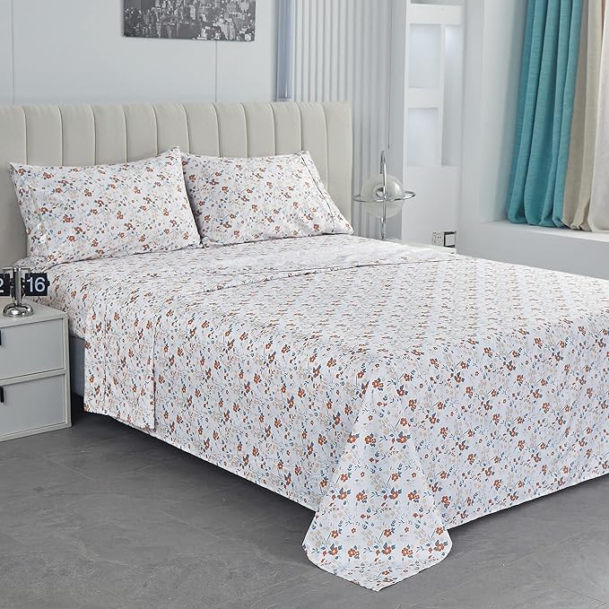 Softan Floral Twin Size Sheet Set, Orange Flower Printed Bed Sheets for Girls, 3-Piece Microfiber Single Fitted Sheet with 15" Deep Pocket & Non-Slip Straps, Patterned Bedding Sheets & Pillowcase Set