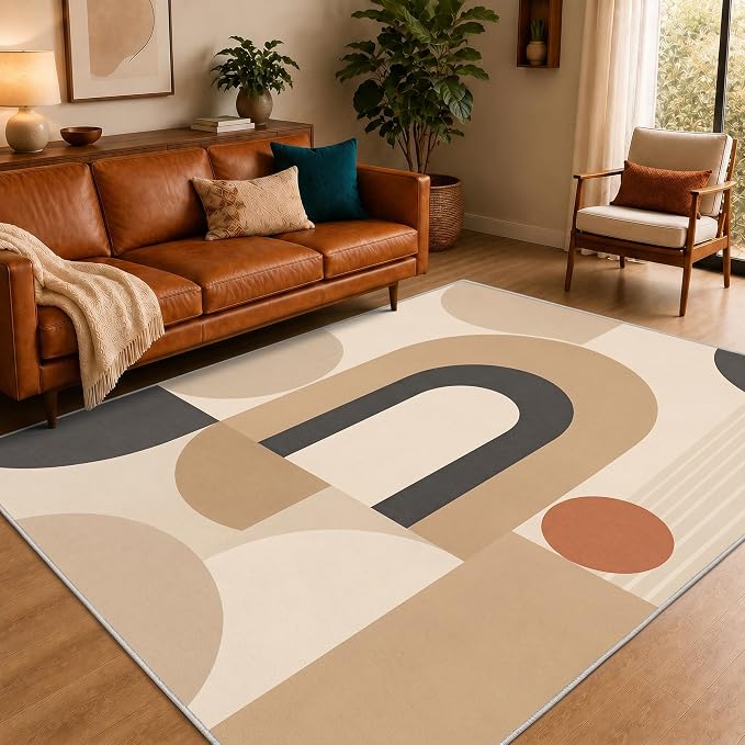 Mid Century Area Rug 6x9, Home Decor | Neutral Cream Black Geo Arc, Abstract Geometric Rug for Living Room, Bedroom, Home Office, Non Slip, Washable, Low Pile