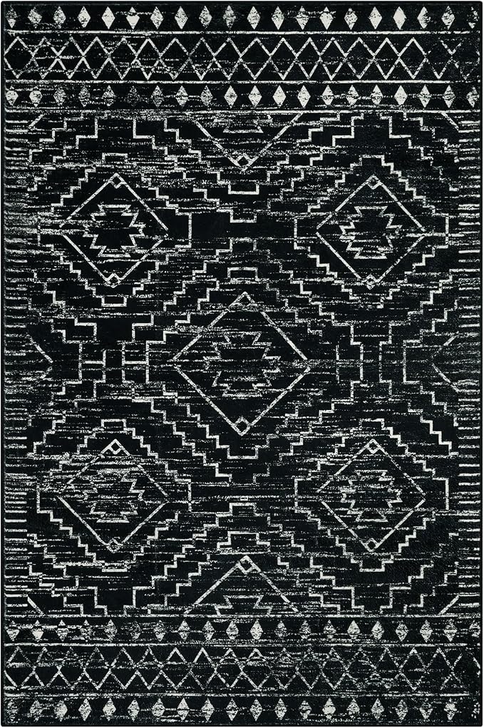 Wonnitar Moroccan Washable Rug 4x6, Black Boho Living Room Area Rug, Non-Slip Farmhouse Bedroom Carpet Dorm Room Throw Rug, Low Pile Soft Accent Mat for Kitchen Entry Office (Black,4'x6')
