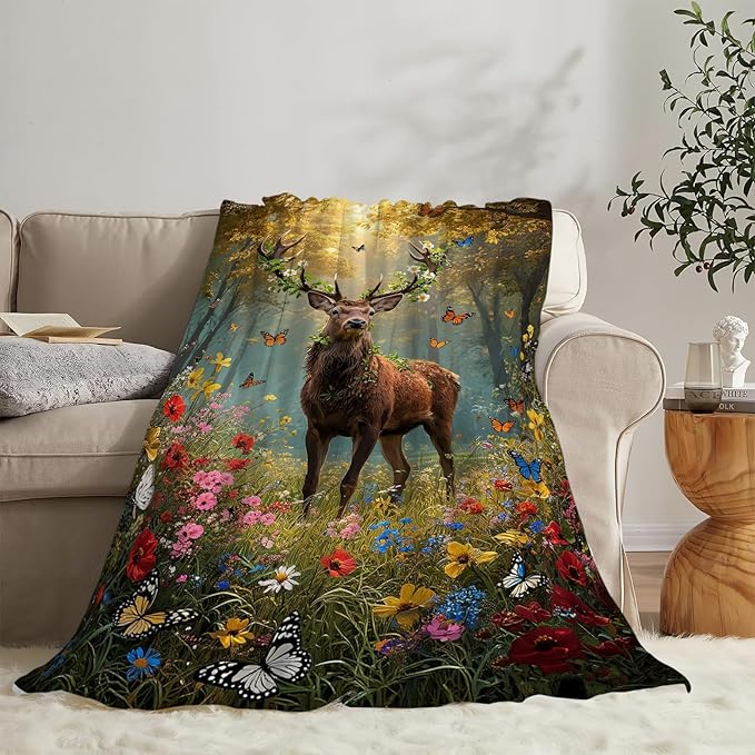 Forest Deer Blanket Hunting Elk Throw Blanket Wildlife Soft Cozy Fleece Fuzzy Stuffed Plush Flannel Gifts for Girls Women Boys Kids Adults 50"X60"