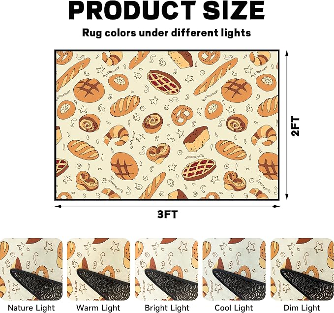 Cute Bread Area Rug 3D Cattoon Carpt Waffle Croissant and Muffin Rugs for Entryway Bedroom Living Room Kitchen Home Decor Washable Non Slip Floor Mat,2'x3'