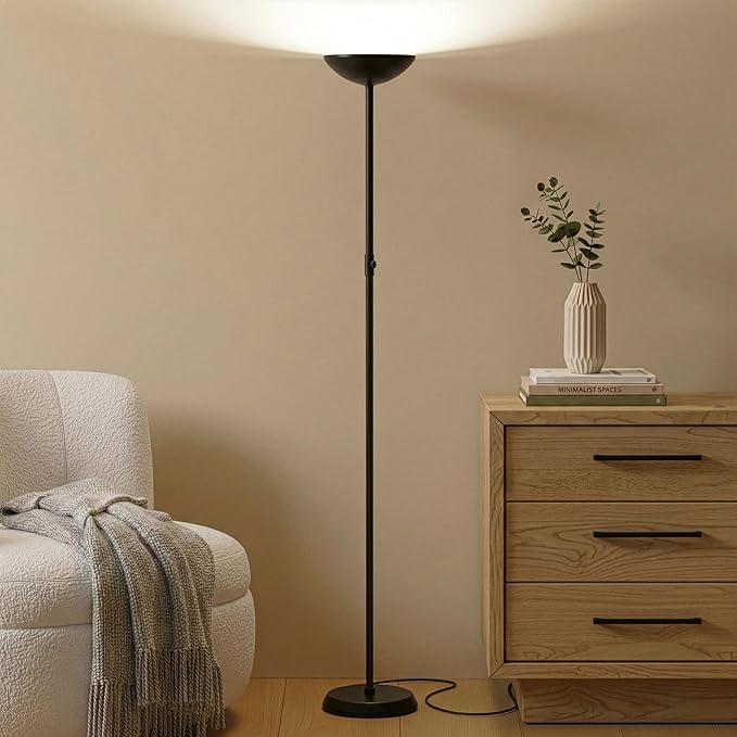 Brightech SkyLite LED Floor lamp, Torchiere Super Bright Floor Lamp for Living Rooms & Offices - 3 Way Dimmable Tall Torch Lamp, High Lumen Standing Pole Lamp for Bedroom Reading - Black