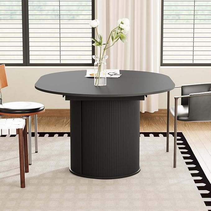 weselon 43"-59" Extendable Round to Oval Dining Table with Hidden Storage, Modern Wooden Kitchen Table with Fluted Sliding Door Cabinet, Expandable Dinner Table for Dining Room Living Room (Black)