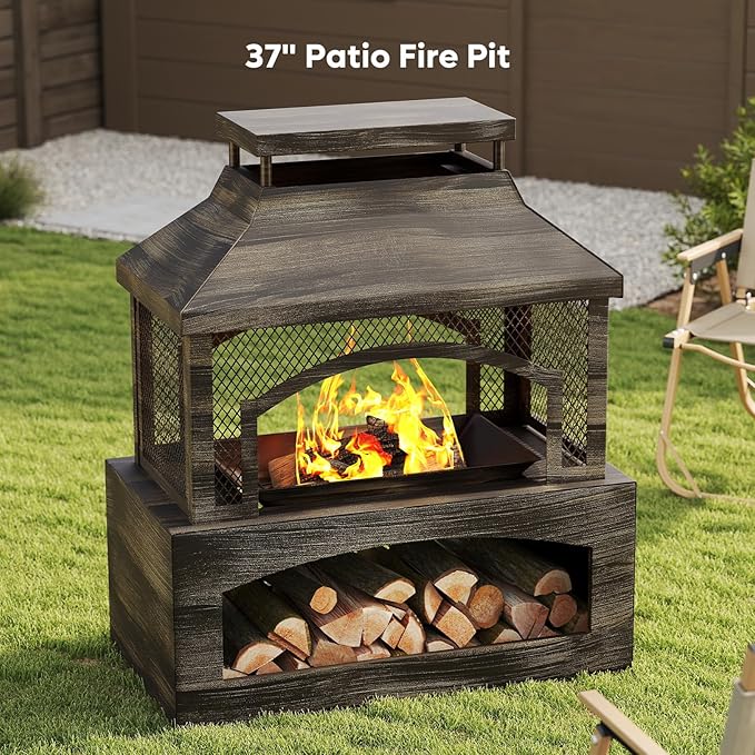 Bestier 37" Fire Pits, Outdoor Wood Burning Fireplace for Outside, Rectangular Chiminea Firepits with Poker, Wood Storage, Rain Cover and Removable Fire Grill for Patio, Garden, Backyard, Camping