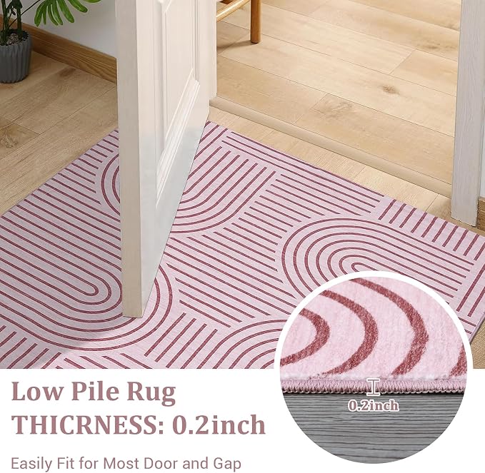 Washable Rugs 5x7 Abstract Lines Print Area Rug Non Slip Cute Girl Room Rug Low Pile Boho Rainbow Carpet Ultra-Thin Soft Bedroom Rug Non Shed Thin Modern Carpet for Dorm Apart Dining Room, Pink