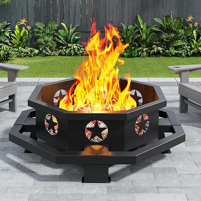 Auhilence 43 inch Large Fire Pit, Outdoor Fire Pit with Heavy Duty Construction, Wood Burning Fire Pits for Outside Octagonal Firepit for Camping, Backyard, Patio, Black