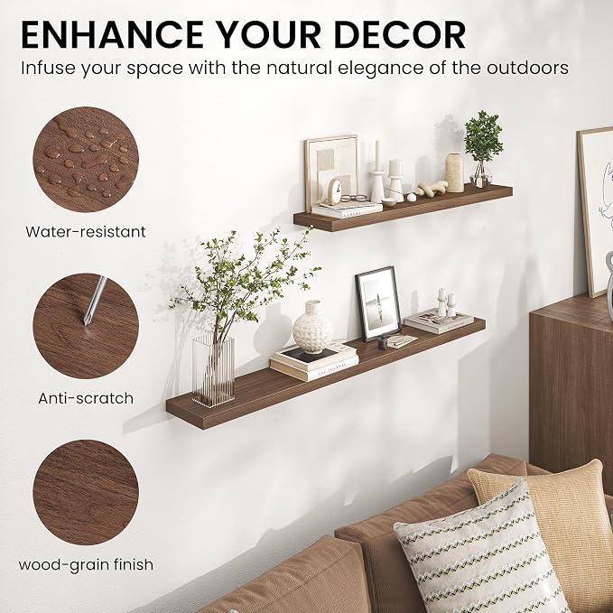 Heimlove Floating Shelves for Wall 32 Inch,Mounted Storage Wood Shelves with Invisible Brackets Hanging Shelf for Bedroom Living Room Kitchen Office,Set of 2,Walnut Color