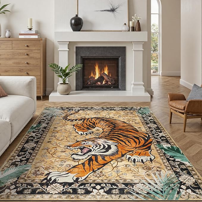 DCX Washable 6x9 Tiger Area Rug, Brown Vintage Animal Rug for Living Room, Soft Low Pile Carpet, Kid & Pet Friendly with Rubber Back Non Slip, Stain Resistant Rug for Bedroom Dining Room Office