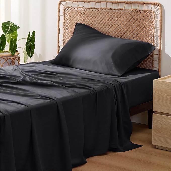 Bedsure Cooling Sheets Twin XL, Rayon Derived from Bamboo, Breathable & Soft Twin XL Sheet Sets, Deep Pocket Up to 16 Inches, Hotel Luxury Silky Dorm Bedding for Hot Sleepers, Black