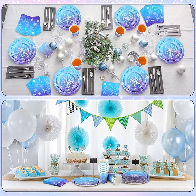 96 Pieces Frozen Iridescent Winter Snowflake Birthday Party Supplies Snowflake Tableware Set Disposable Paper Plates Cups Napkins Serve 24 Guests for Christmas Winter Wonderland Decorations