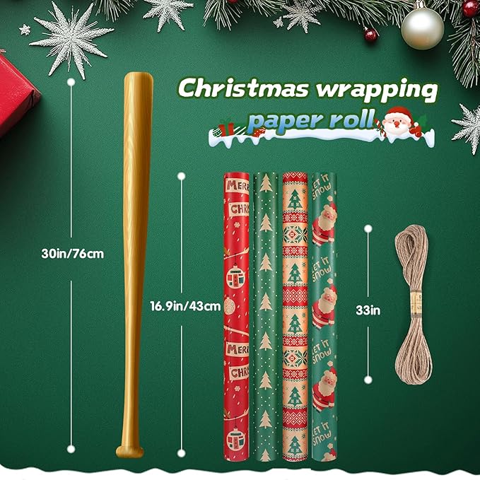 Panigkids Wrapping Paper Jumbo Rolls, Holiday Gift Kraft Wrap Paper for Kids Adults, 4 Rolls - 17 in. x 16 ft. Per Roll, Green Christmas Tree, Snowflakes, Santa, Merry Christmas.（With Jute Twine）