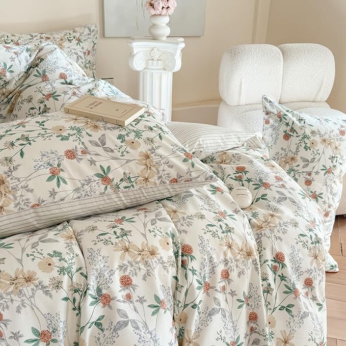 EAVD Fresh Garden Botanical Floral Duvet Cover King Soft 100% Cotton Chic Floral Leaves Print Bedding Set with 2 Pillowcases Aesthetic Botanical Comforter Cover with Zipper Closure