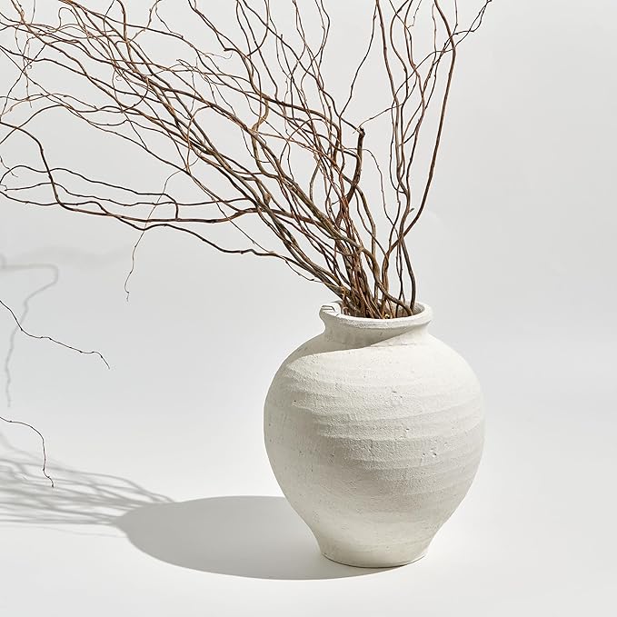 LB2 White Ceramic Large Vase, 11" Tall Zen Style vase, Terra Cotta Pitcher Vase, Distressed Farmhouse Decor, Pottery Decorative Flower for Home Decor (C - White 11.8")