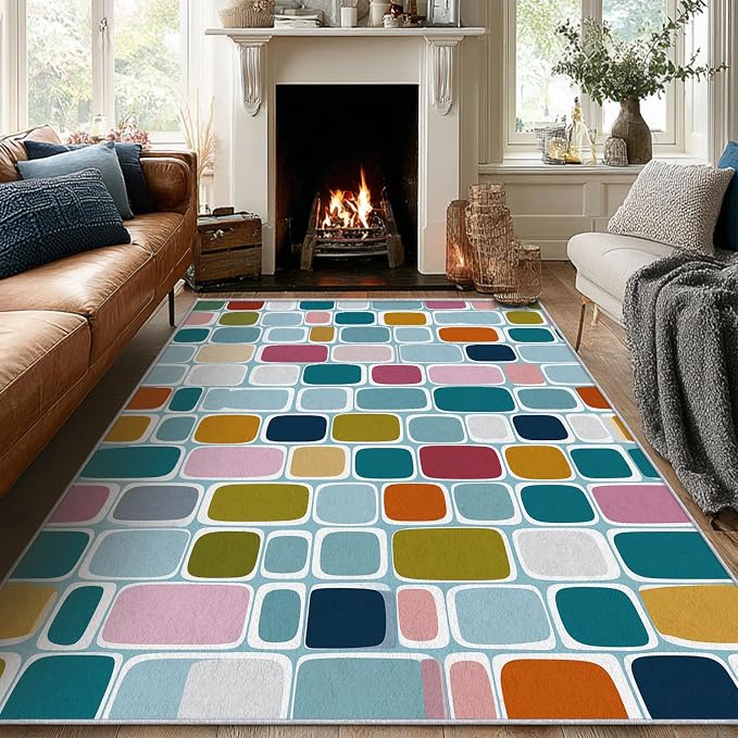 Mid Century Modern Throw Rugs 2x3, Geometric Retro Washable 2 x 3 Indoor Door Mat for Entryway, Bedroom, Kitchen, Low Pile Non Slip Stain Resistant, Mid Century Home Decor & M904