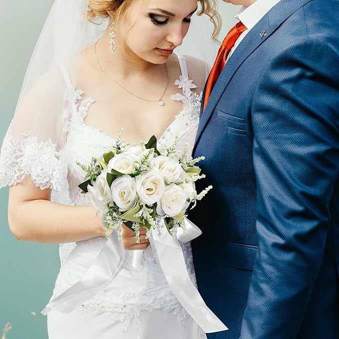 Wedding Bouquets for Bride Bridesmaid Bouquet Ivory Bridal Bouquet Artificial Roses for Wedding Church Home Decoration (Ivory)