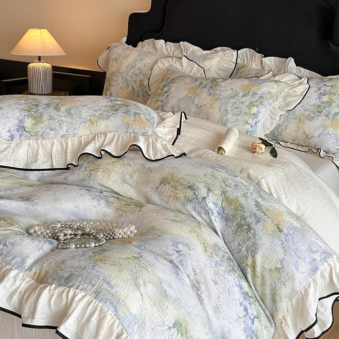 VM VOUGEMARKET Romantic Ruffle Duvet Cover Queen Breathable Muslin Cotton Wash Painting Style Duvet Cover Soft Linen Like Gauze Bedding Set-Queen Size