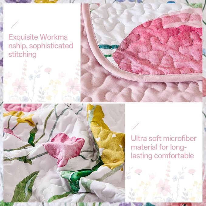 Anibedding King Quilt Set, Pink Floral Bedspread Soft Microfiber Lightweight King Size Quilt Bedding Sets Reversible Flower Coverlet for All Season(King, 104"x90")