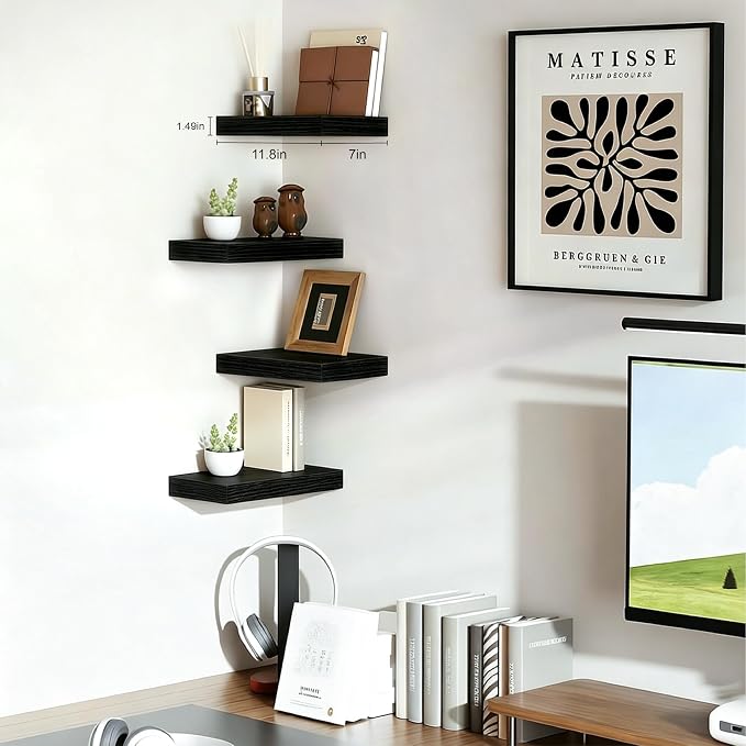 Floating Shelves Bathroom for Wall, Bathroom Shelves Over Toilet, Wall Shelves & Book Shelf, Hanging Shelf, Modern Wooden Wall-Mounted Small Floating Shelves, 12x7x1.5 in (Black, Set of 2)