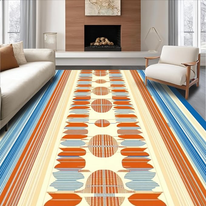 Flatwoven High Traffic Area Rug 4x6, Geometric Sky & Terracotta Art Deco Style, Non Slip, Stain Resistant, Washable Area Rugs for Living Room, Bedroom (Blue, 4x6)