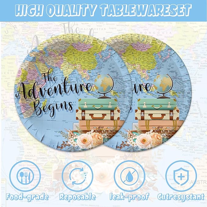 48Pcs Travel Themed Adventure Begin Bon Voyage Party Decorations Plates Napkins Forks for Boys Girls Serve 20 Guests