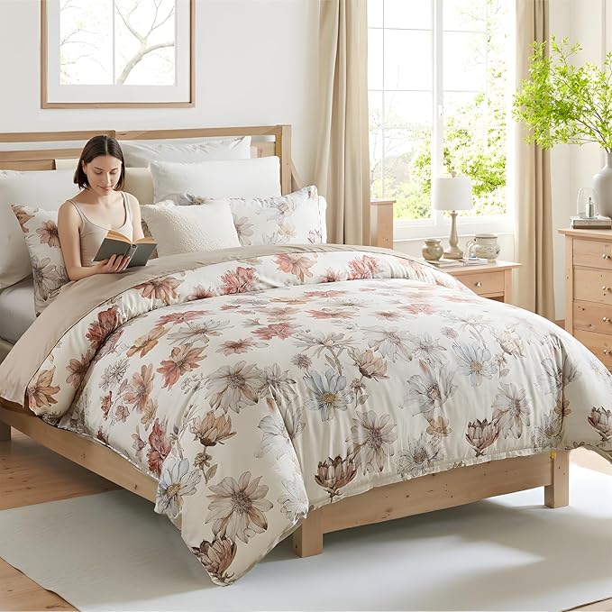 100% Cotton Duvet Cover King Size – Cream Hand-Drawn Watercolor Blooms Duvet Cover Set with Zipper Closure & Corner Ties, 3-Piece Luxury & Silky Soft Bedding Set for All Seasons
