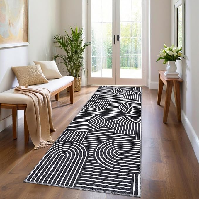 Washable 2x6 Black Runner Rug Modern Abstract Lines Runners for Hallway Non Slip Bathroom Rug Non Slip Kitchen Rugs Modern Minimalist Indoor Accent Carpet for Bedside Entryway Porch, Black