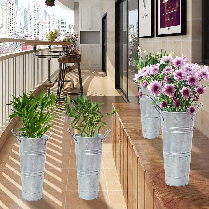 Notakia Galvanized Metal Vases Farmhouse French Flower Bucket Vases for Cut Flowers for Home Decor and Wedding Table Centerpiece Decorations (9.05in Silver 4Pcs)