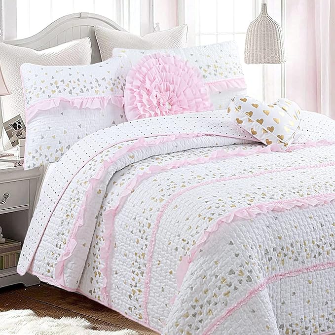 Cozy Line Home Fashions Pink Ruffle Gold Hearts Girl 100% Cotton Reversible All-Season Coverlet, Bedspread, Quilt Bedding Set (Sparkling Hearts, Queen - 5 Piece: 1 Quilt + 2 Shams + 2 Decor Pillows)