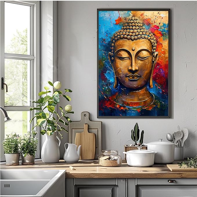 Golden Serenity Buddha Vintage Painting Wall Art Spirituality and Modern Art Wall Decor Adds Brilliance to Vibrant Home Decor 24x36in Metal blackFramed