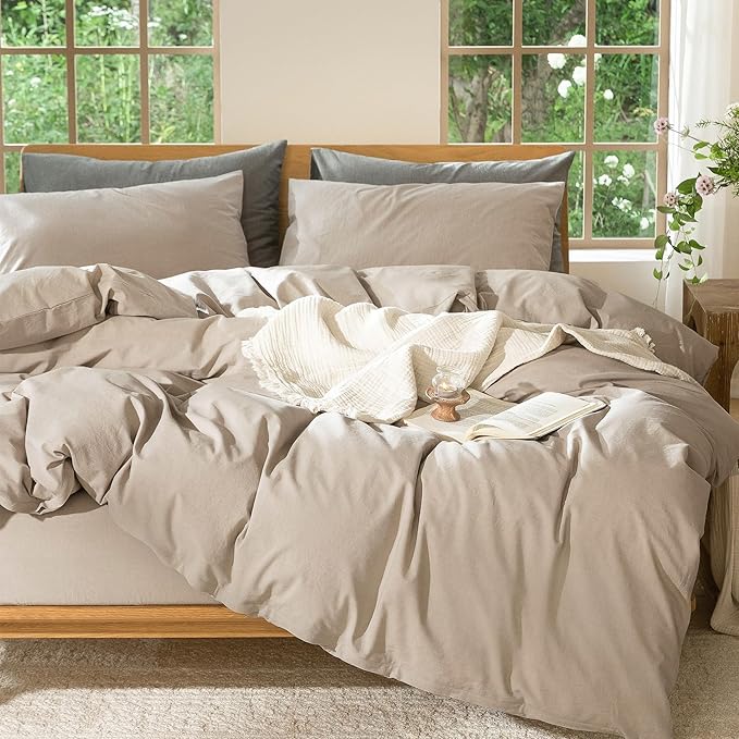 MooMee Bedding Duvet Cover Set 100% Washed Cotton Linen Like Textured Breathable Durable Soft Comfy (Heathered Taupe, Super King 108"x98")