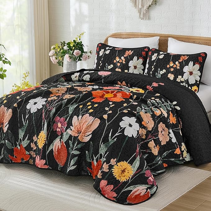 Anibedding Black Quilt Set Queen Size, Colorful Floral Bedspread with 2 Pillowcases, Soft Microfiber Lightweight Coverlet Bedding Set for All Season(96"x90")
