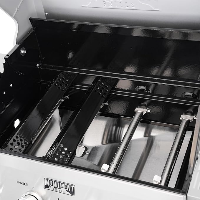 Monument Grills 4-Burner Liquid Propane Gas Grill, Silver Stainless Steel Grill Outdoor Patio Garden Barbecue Grill with Clearview® Lid and One Foldable Shelf, Mesa400MF