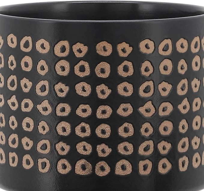 Set of 2 Ceramic Planters with Bamboo Stand Plant – Plant Stand Indoor Display Greenery, Living Room & Outdoor Decor – Aztec Pattern Planters for Collected Home Decor – 10.5" & 7.75"– Brown Black
