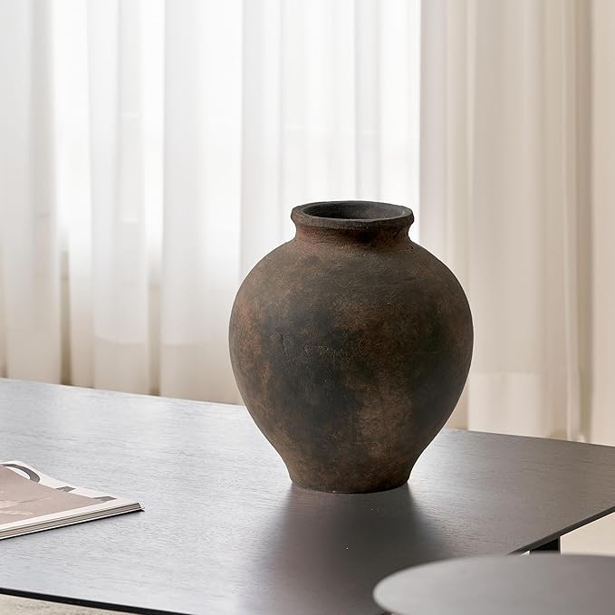 LB2 Brown Ceramic Large Vase, 11" Tall Zen Style vase, Terra Cotta Pitcher, Distressed Farmhouse Decor, Pottery Decorative Flower for Home Decor (C - Brown 11")